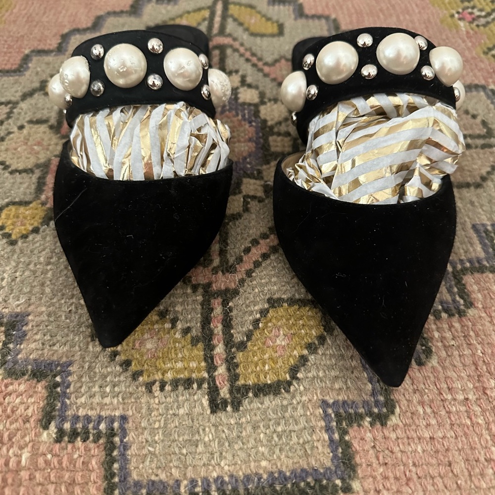 Jimmy Choo Suede Pearly Stud Embellished Basette Flat Mules - Picture 10 of 10